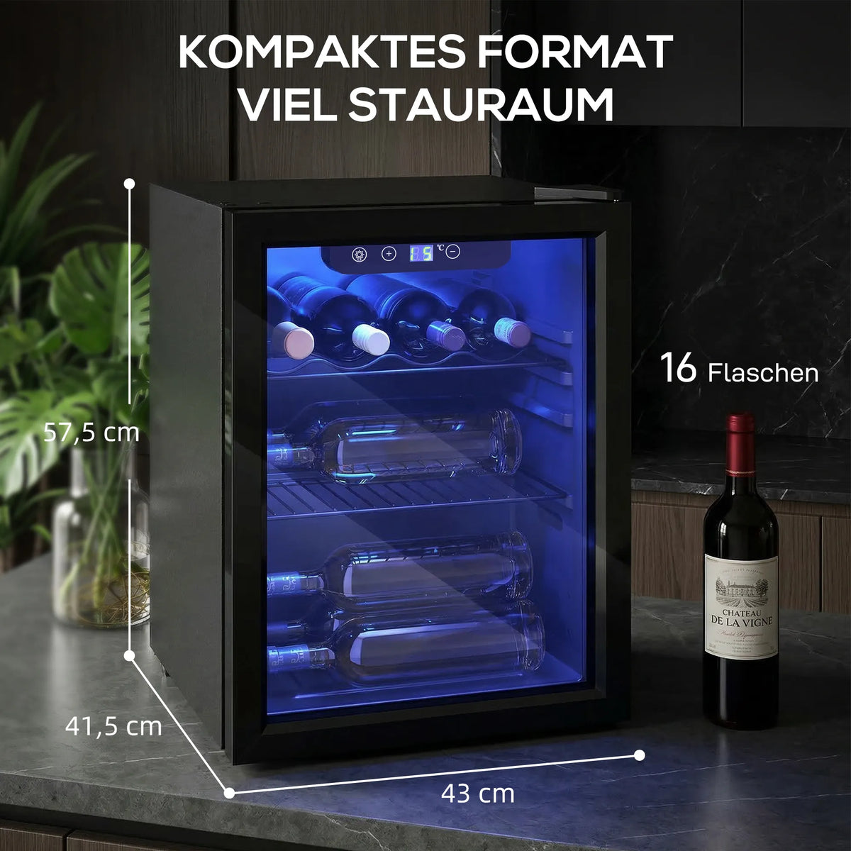 Vyno šaldytuvas 16 butelių, 48 l, 4–16 °C, su stiklinėmis durelėmis ir LED apšvietimu