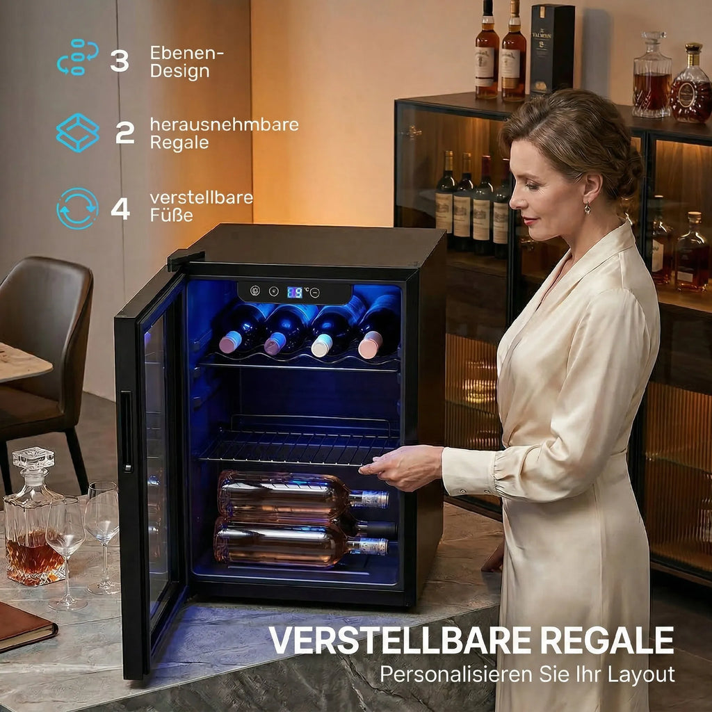 Vyno šaldytuvas 16 butelių, 48 l, 4–16 °C, su stiklinėmis durelėmis ir LED apšvietimu