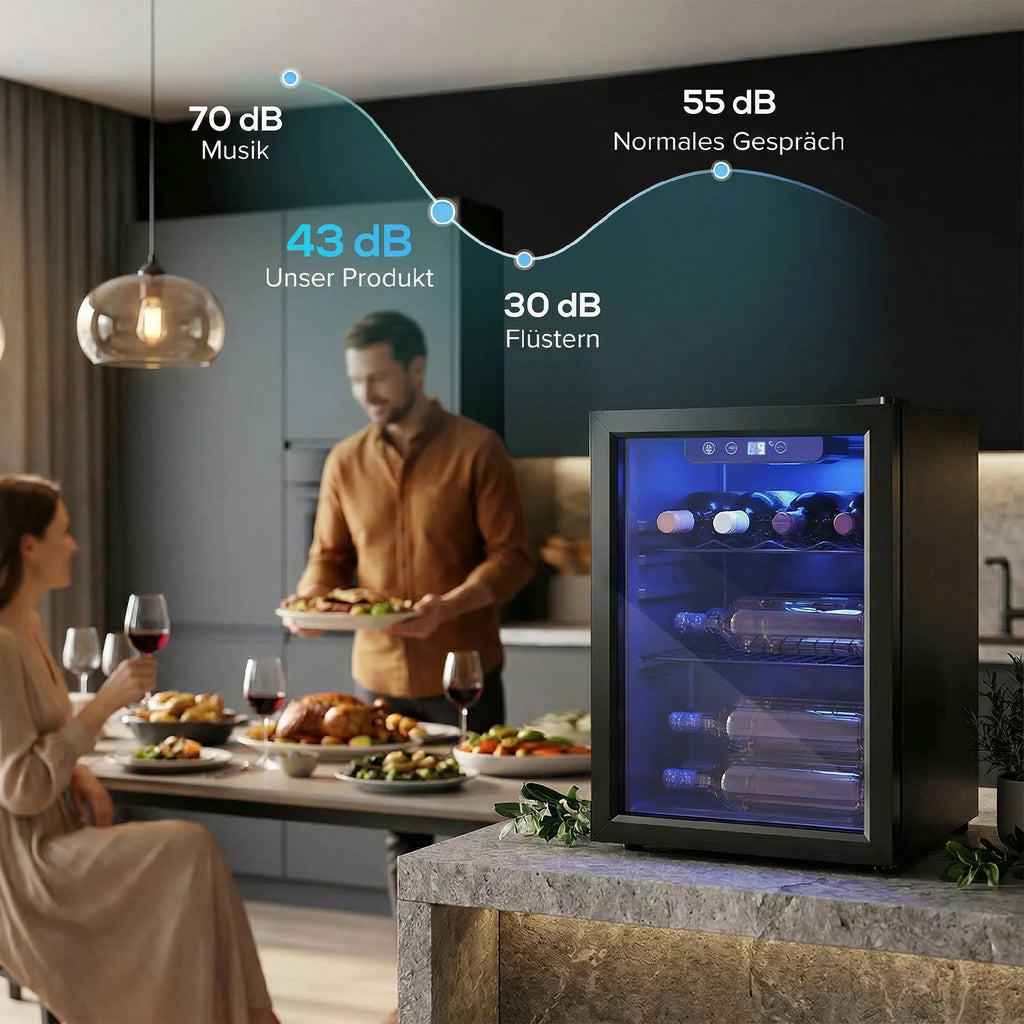 Vyno šaldytuvas 16 butelių, 48 l, 4–16 °C, su stiklinėmis durelėmis ir LED apšvietimu