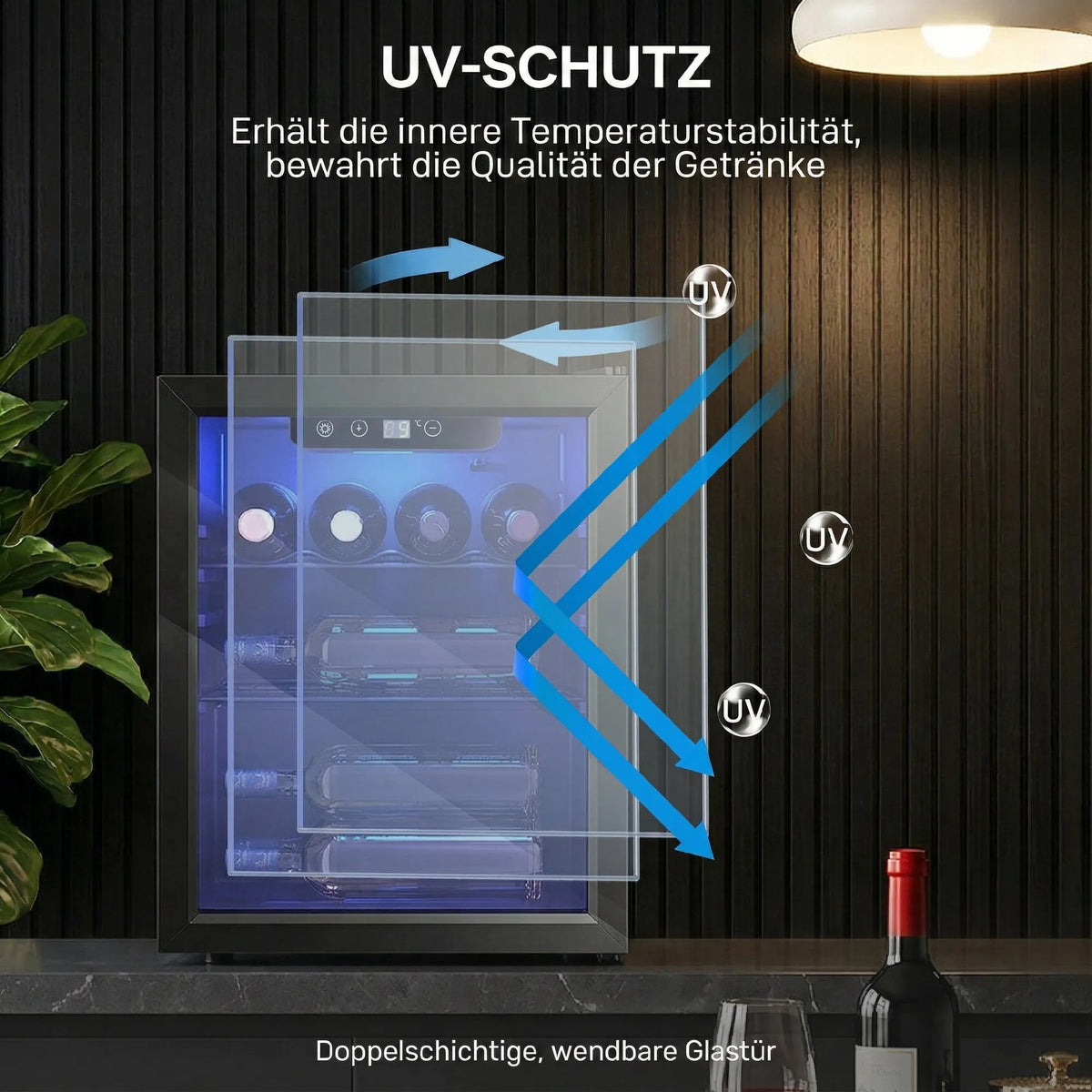Vyno šaldytuvas 16 butelių, 48 l, 4–16 °C, su stiklinėmis durelėmis ir LED apšvietimu
