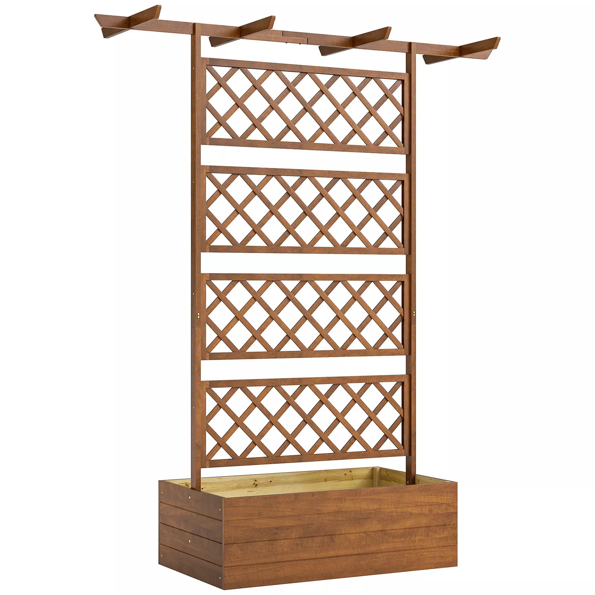 Medinė pakelta lysvė su stogeliu ir sienele vijokliams, kaimiško stiliaus, ruda