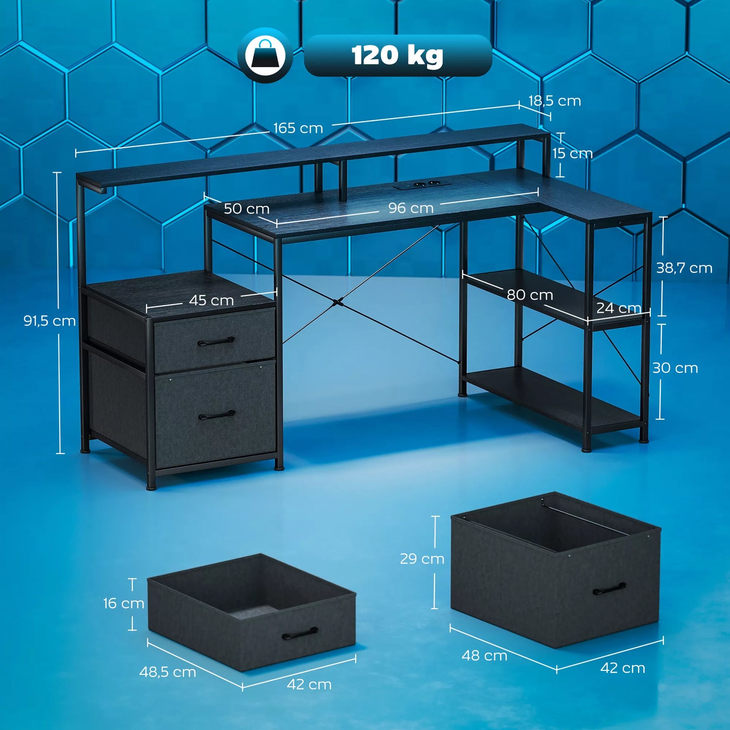 L formos žaidimų stalas, su LED apšvietimu ir įkrovimo lizdais, medžio imitacija/plienas, 165x80x91,5 cm