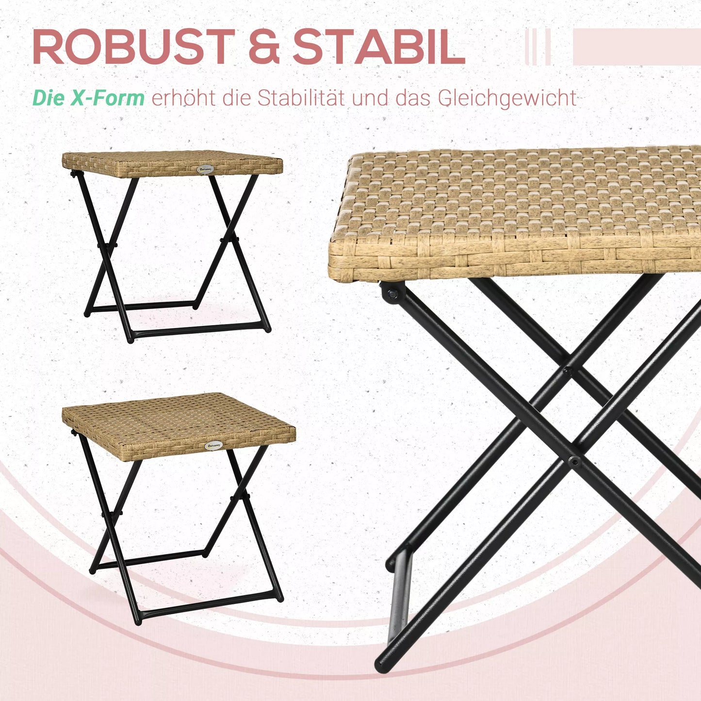 Polirataninis balkono staliukas, sulankstomas, plieninis rėmas, lengvai prižiūrimas, 40x40x40 cm, natūralus