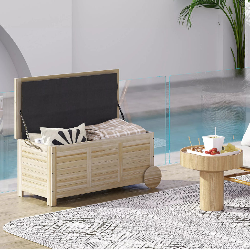 185 L lauko sandėliavimo dėžė, sandėliavimo dėžė su ratukais, atspari atmosferos poveikiui, pušies mediena, 110 x 50 x 50 cm, šviesiai ruda