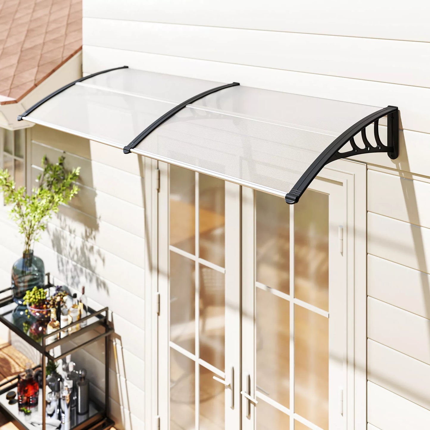 Prieangio stogelis virš durų 75x195x23 cm, 5 mm polikarbonato apsauga nuo saulės ir lietaus lauke, aliuminio, permatomas