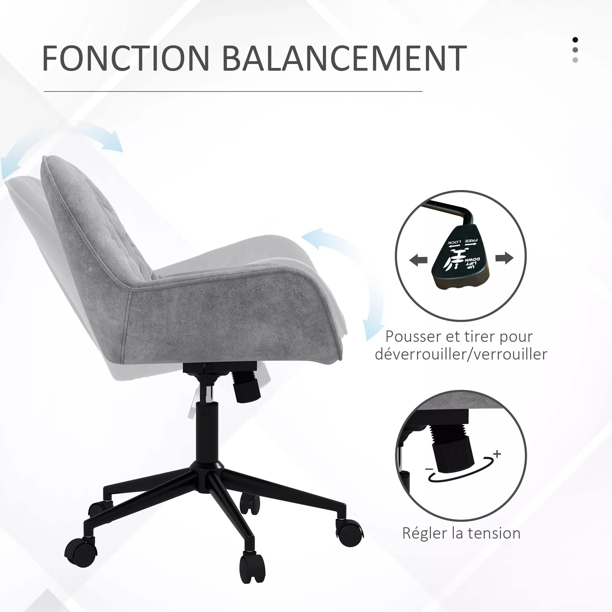 Biuro kėdė, darbo kėdė, kompiuterio kėdė, reguliuojamo aukščio, aksomo imitacija, pilkos spalvos