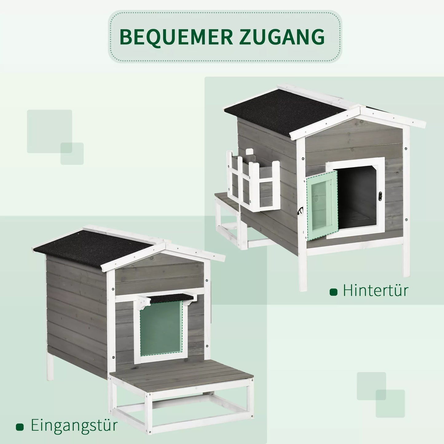 Medinis kačių namelis, atsparus žiemai, vandeniui, su asfaltiniu stogu, terasa, kačių urvas, kačių dėžė, lauko prieglobstis, sodas, balkonas, 115 x 66,5 x 74,7 cm, pilkos ir baltos spalvos.