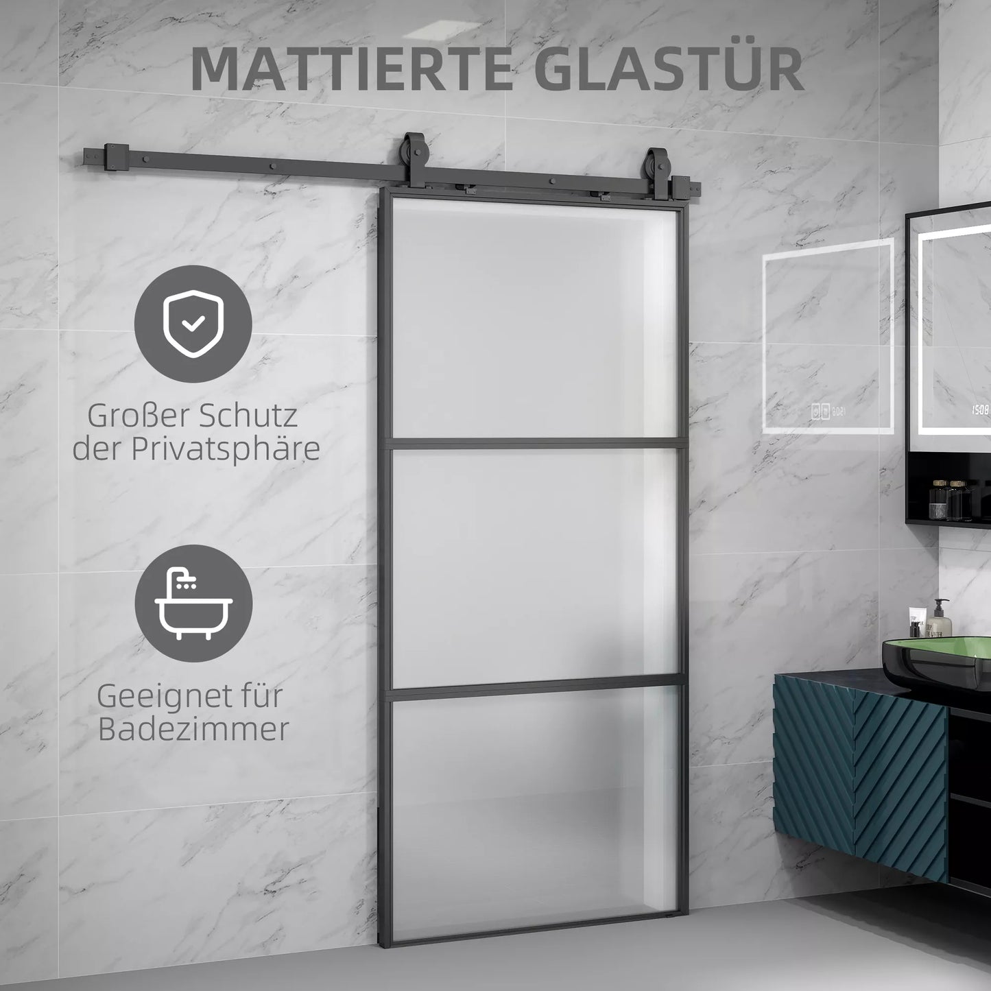 Stumdomosios durys su matinio stiklo, bėgių sistema, montavimo komplektas, švelnaus uždarymo mechanizmas, lengvas surinkimas, plienas, juodos spalvos