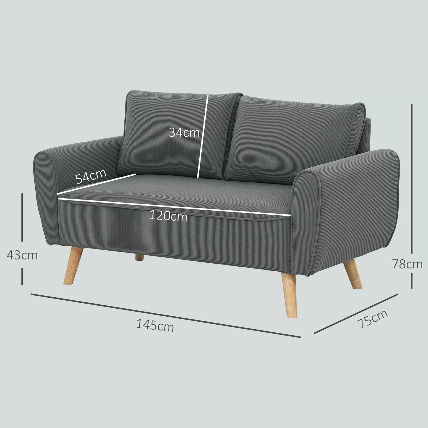 Dvivietė sofa, audinio sofa, 2 atlošo pagalvėlės, kordas, 145 x 75 x 78 cm, antracito spalva