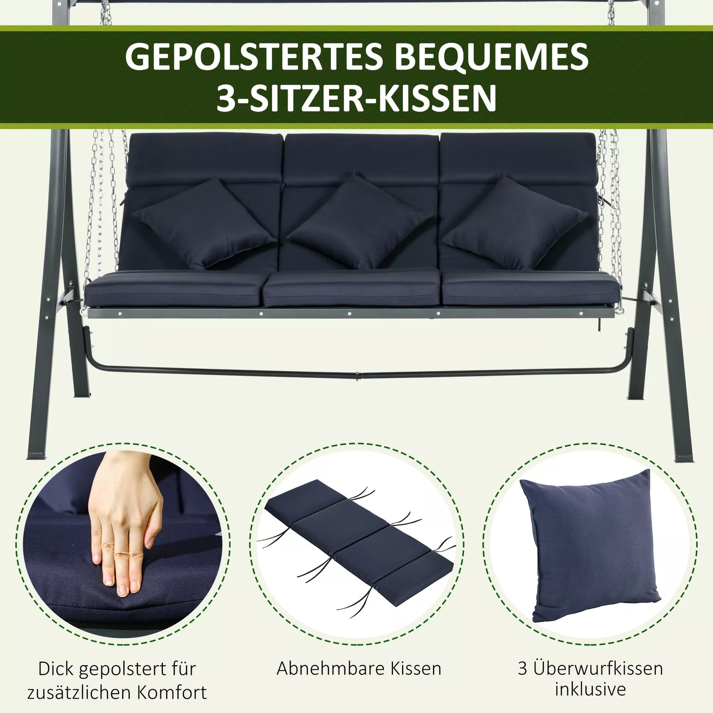 Lauko, sodo  sūpynės Sodo sūpynės, 3 asmenims, reguliuojamas saulės stogelis, 198 x 118 x 168 cm, tamsiai mėlynos spalvos