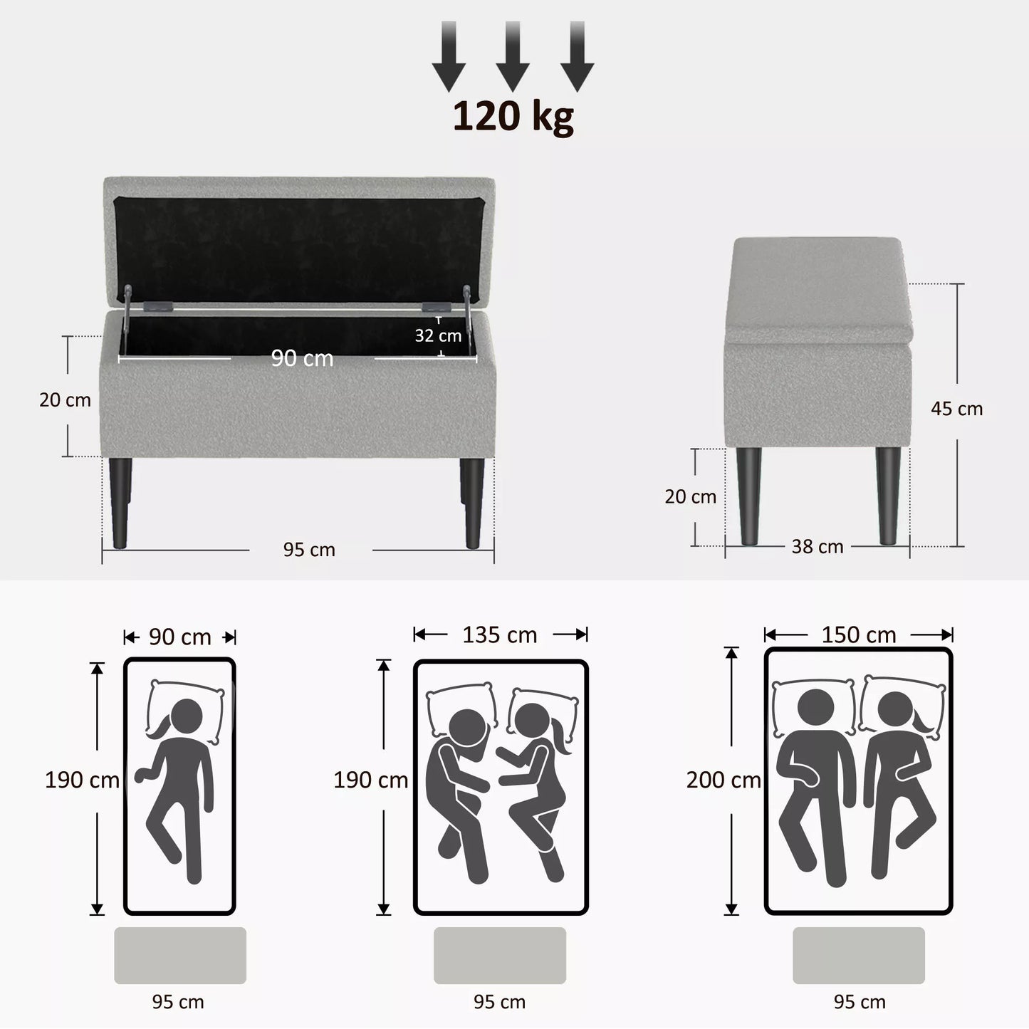 Sėdima skrynia, suoliukas su daiktadėže, iki 120kg, aksomo išvaizda, 95x38x45cm, Pilka
