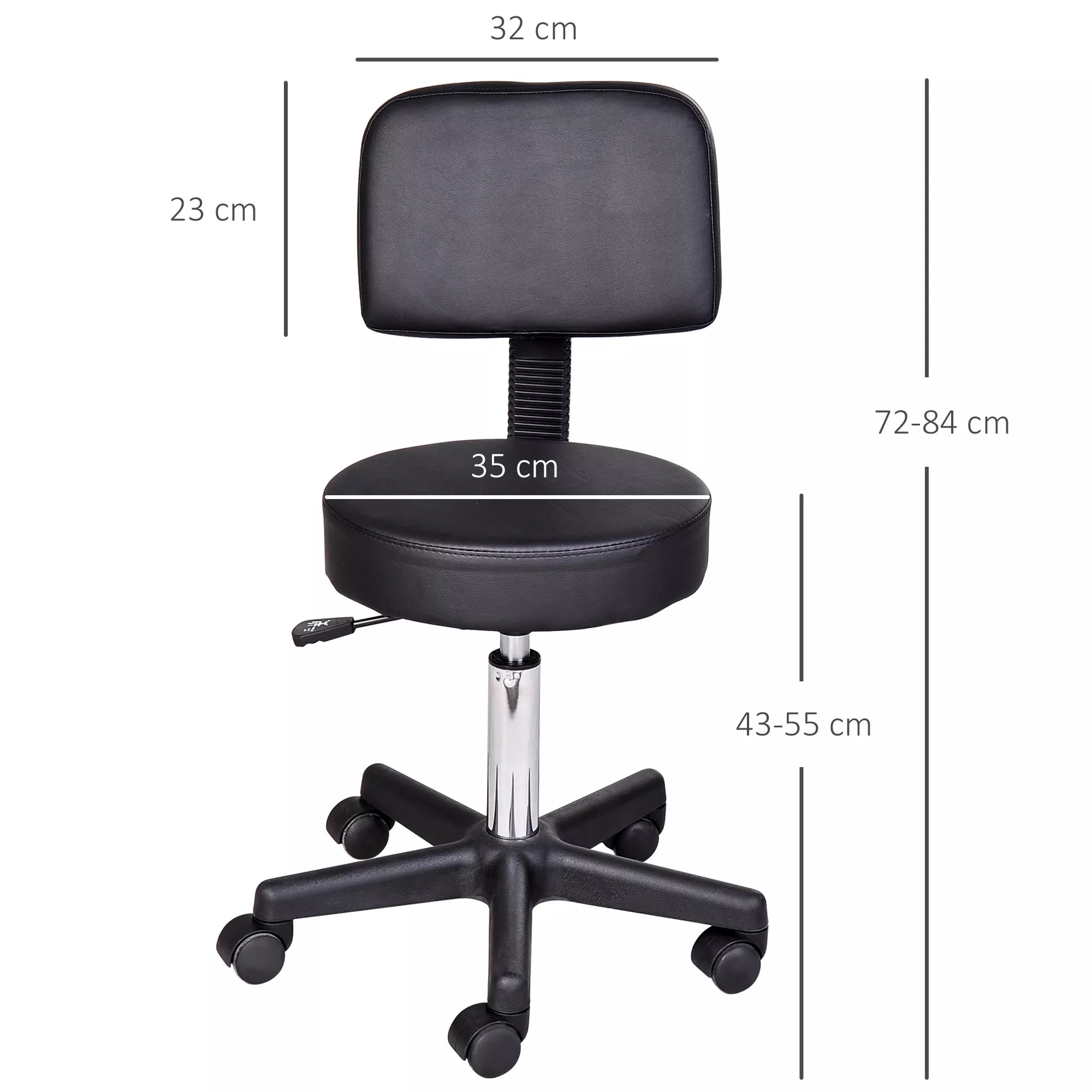 Reguliuojamo aukščio stumdomas taburetė su atlošu Pasukamas taburetė 72–84 cm Darbo taburetė, pasukama 360° Biuro taburetė biurui, salonui, masažui, SPA Juoda