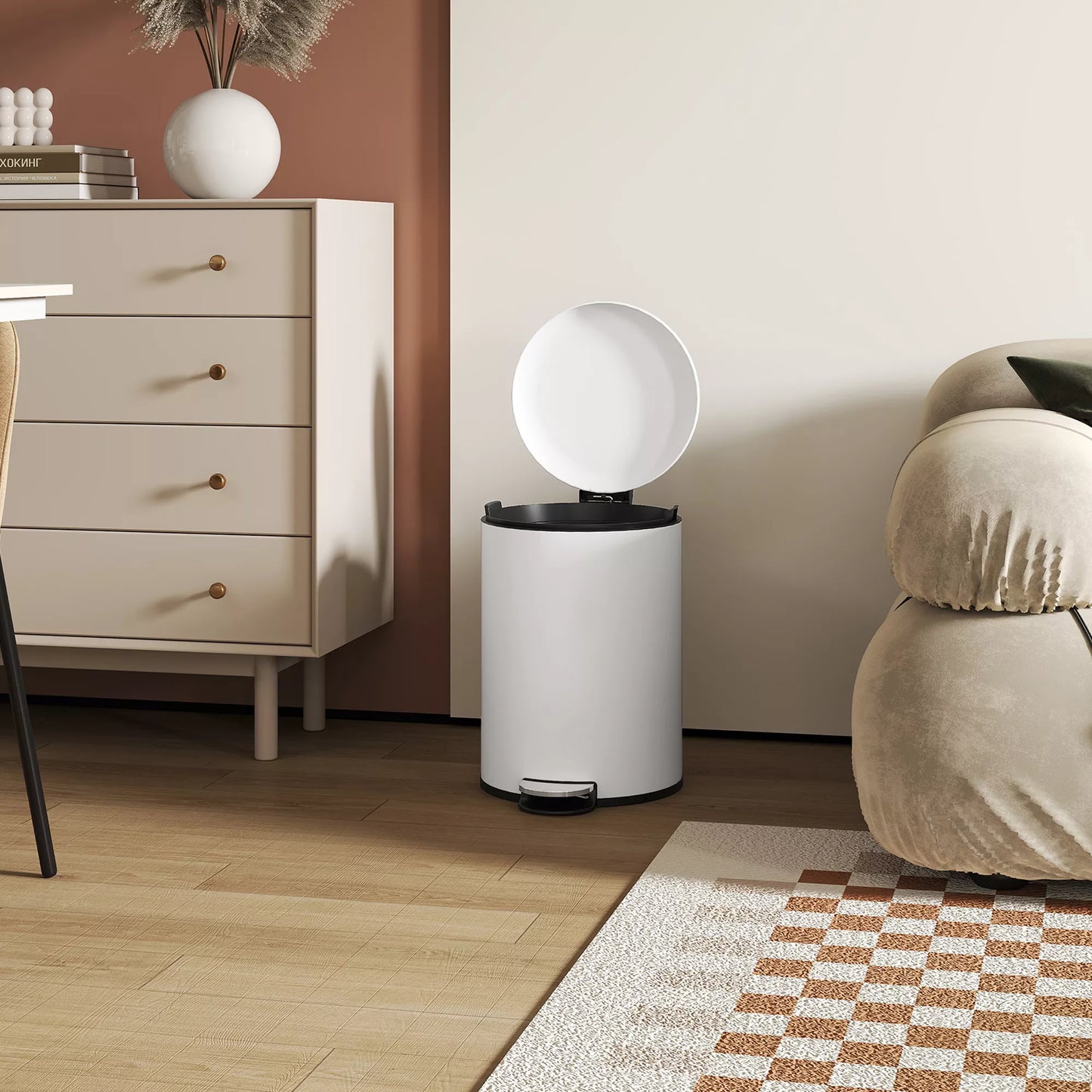 Šiukšliadėžė 20 L, su pedalu, vidiniu kibiru, atsparus pirštų atspaudams, tylus uždarymas, kreminės baltos spalvos