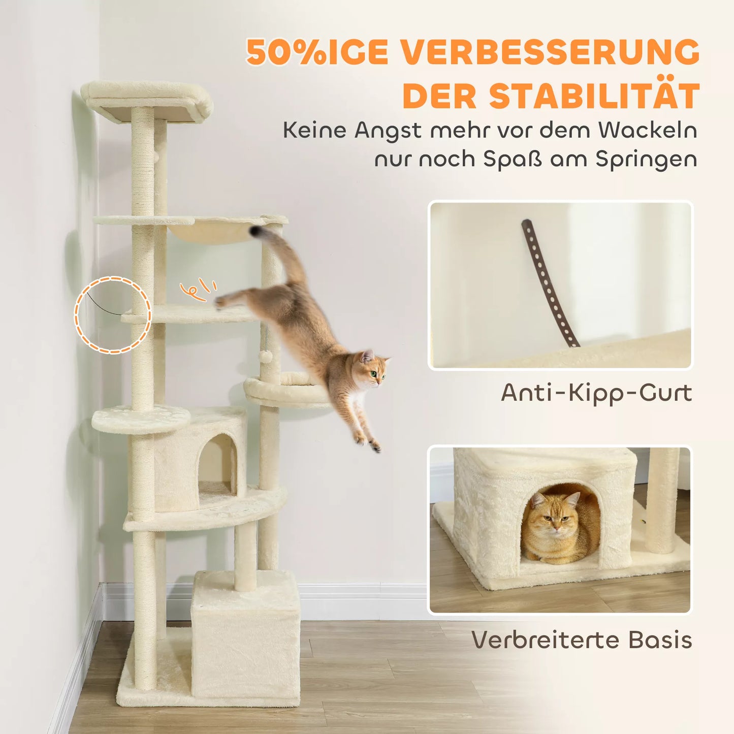 2 metrų aukščio draskyklė 2-3 katėms, draskymo stulpeliai, urvai, hamakas, slėptuvės, daugiaaukštis dizainas, sizalis, mediena, pliušas, smėlio spalvos