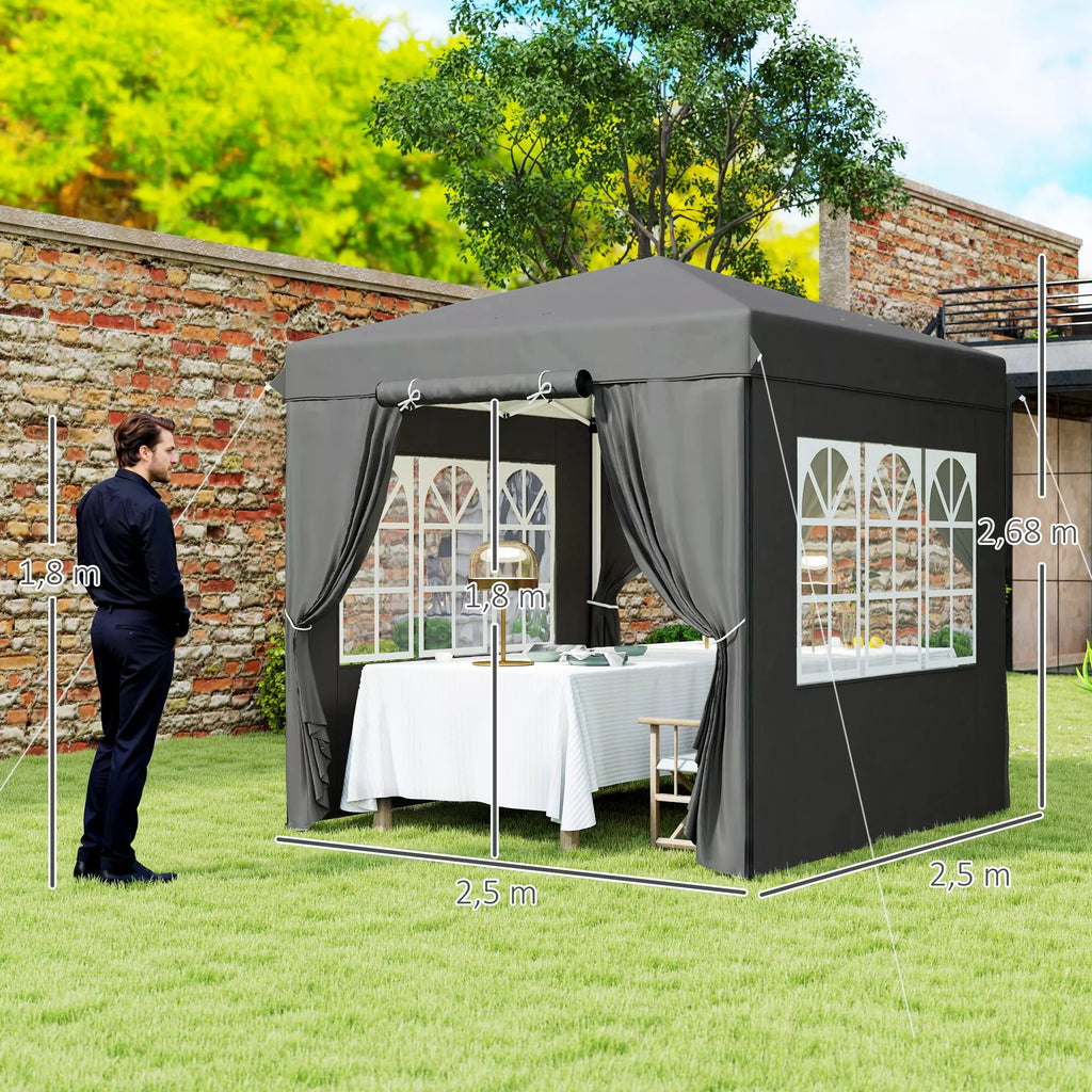 2,5 x 2,5 m Pop-up paviljonas su šoninemis sienelėmis ir transportavimo krepšiu, UPF50+ aukščio reguliavimo sodo palapinė, tamsiai pilka