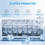 Infografika su ledo kubeliais ir gamybos piktogramomis: 20 kg per parą