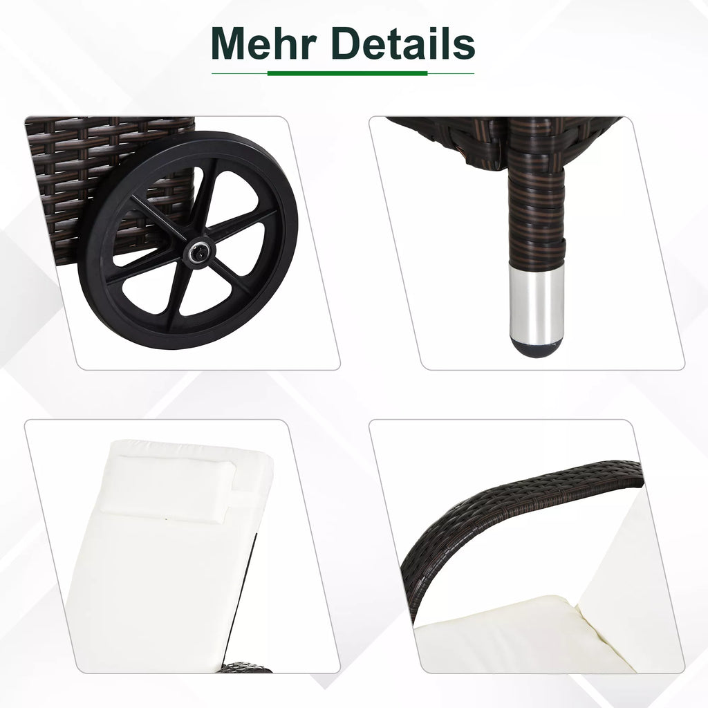 3 vnt. saulės gultų rinkinys, 2 vnt. sodo gultų su pagalbiniais staliukais, įskaitant gultų pagalvėles, polirattan, ruda + kreminė balta