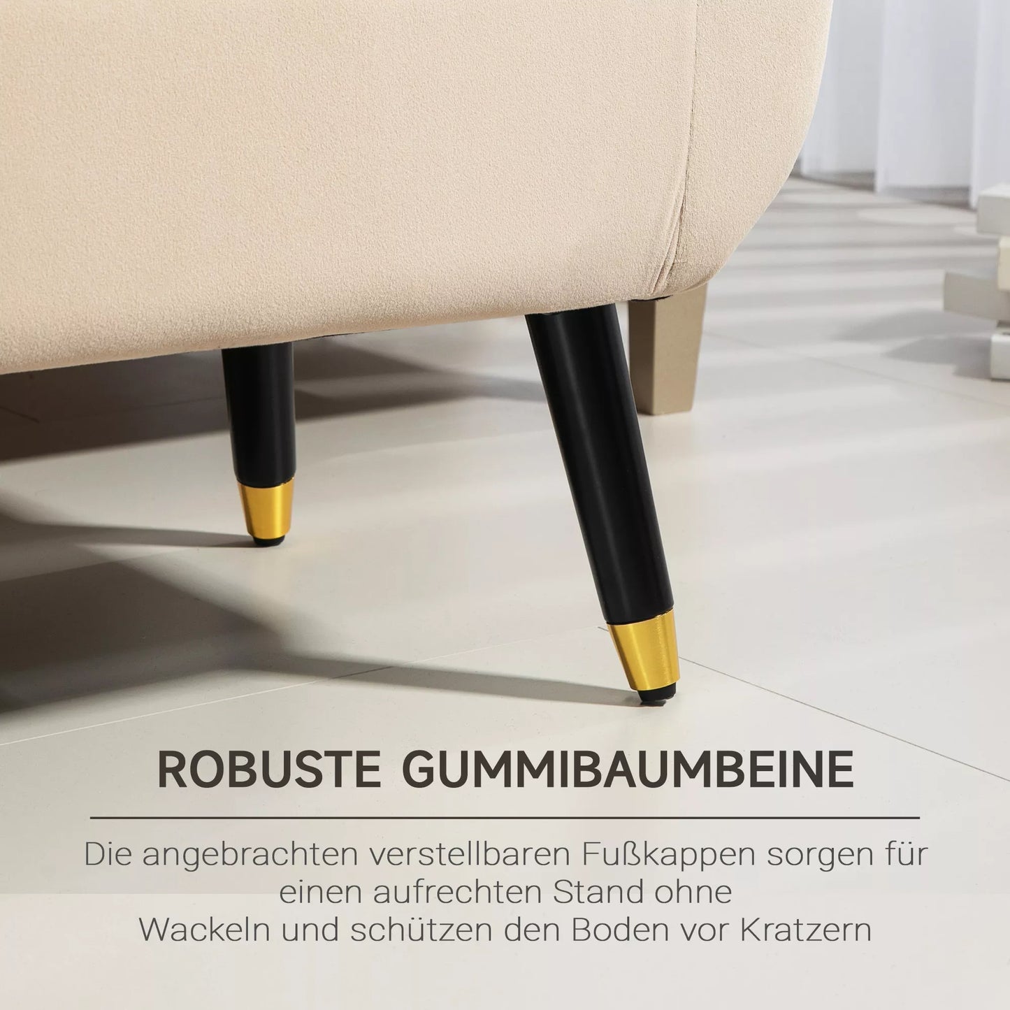 Minkštas suoliukas su daiktadėže, porankiais, samišku poliesteriu, kaučiukmedžio mediena, 107 x 42 x 65 cm, smėlio spalvos