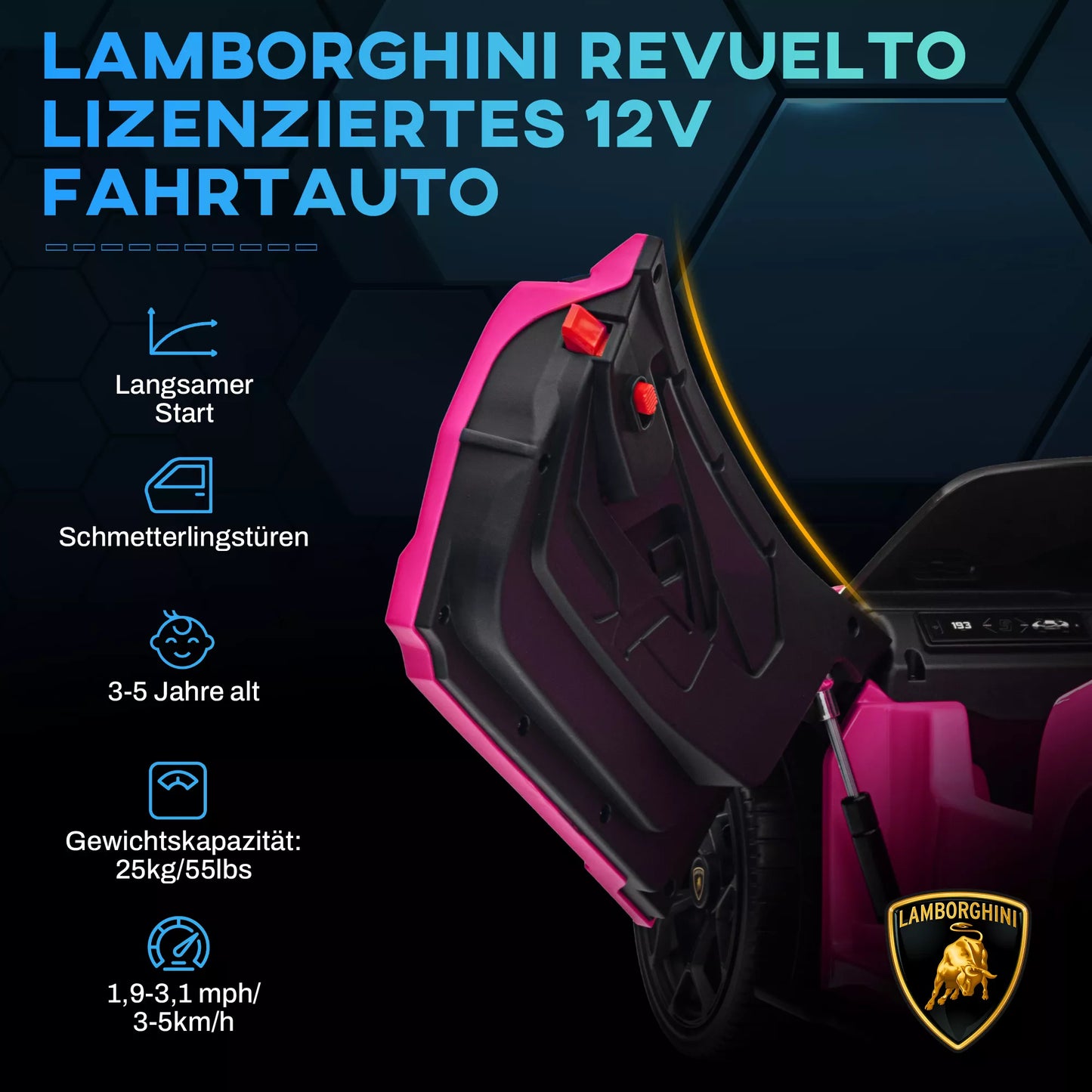 Elektrinis automobilis vaikams nuo 3-5 metų, švelnus važiavimas, valdomas nuotoliniu būdu, su garsiniu signalu, plastikas ir metalas, rožinis