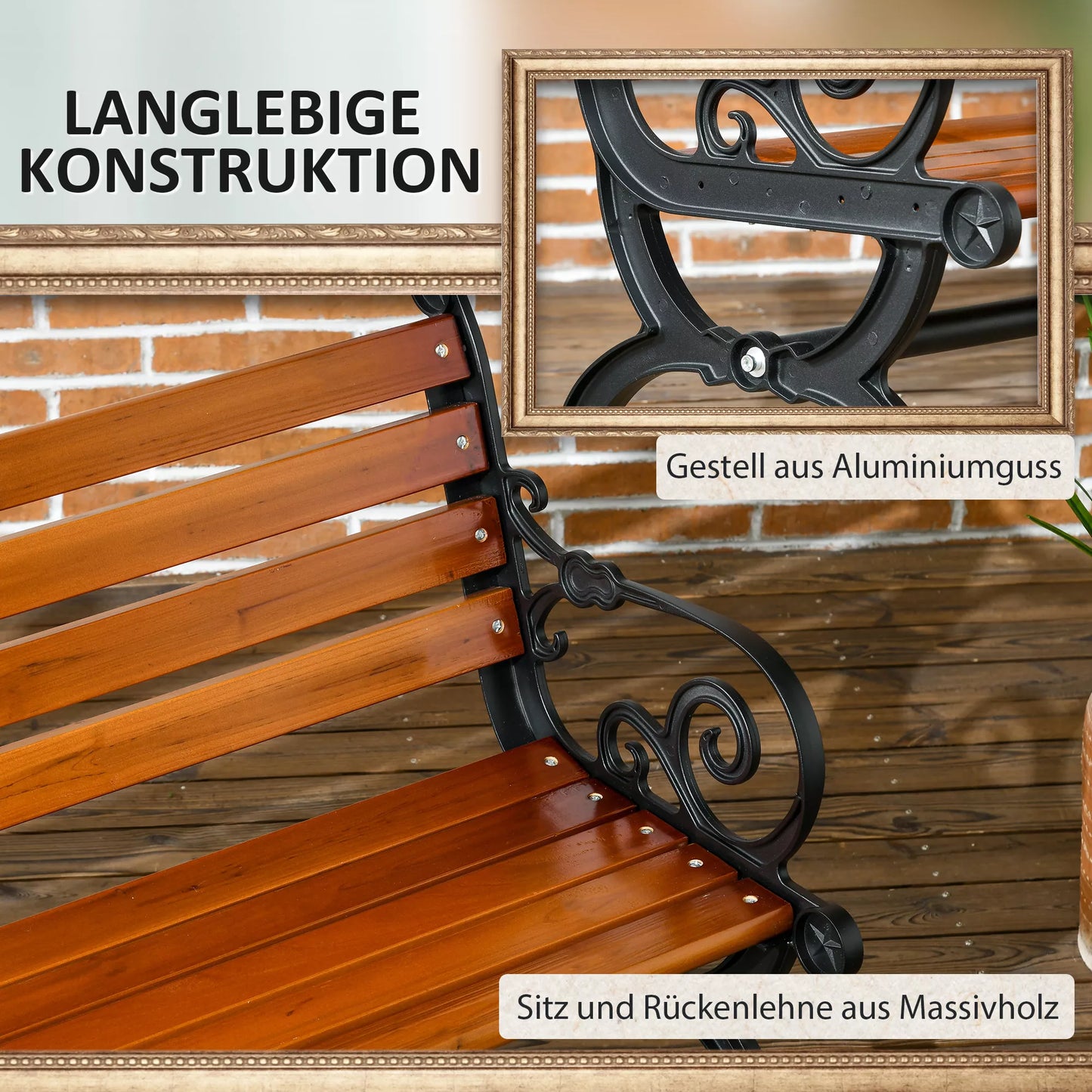 Suoliukas 2 asmenims, dekoratyvinės porankės, skirtas sodui ir terasai, lietas aliuminis + natūralus medis, 120 x 64 x 79 cm, tiko mediena