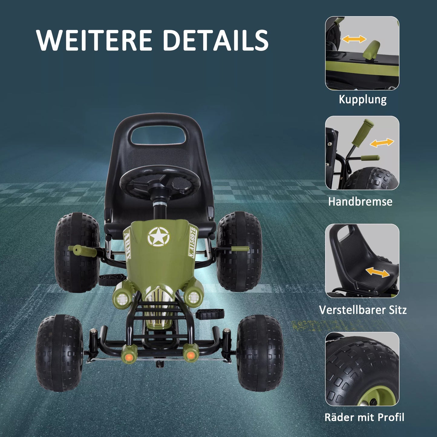 HOMCOM Go Kart pedalinis automobilis su rankiniu stabdžiu, pavaromis pirmyn ir atgal, vaikiška transporto priemonė pedalais su reguliuojama sėdyne vaikams 3-6 metų, 99 x 65 x 56cm žalias