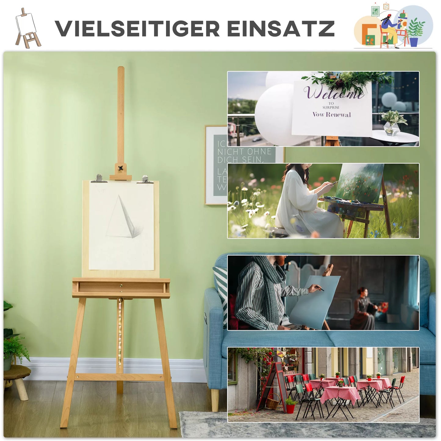 Medinis molbertas, aukščio reguliavimo, sulankstomas, pieštukų padėklas, buko mediena, 65 x 110 x 180–235 cm