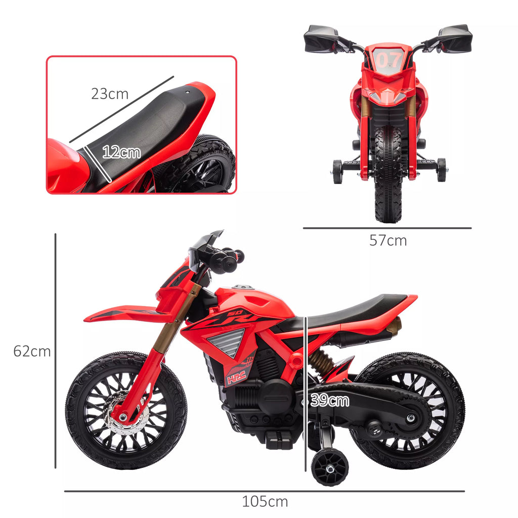 Elektrinis motociklas vaikams, 6 V baterija, pagalbiniai ratai, signalas, paleidimo garsas, 3–8 metai, raudonas
