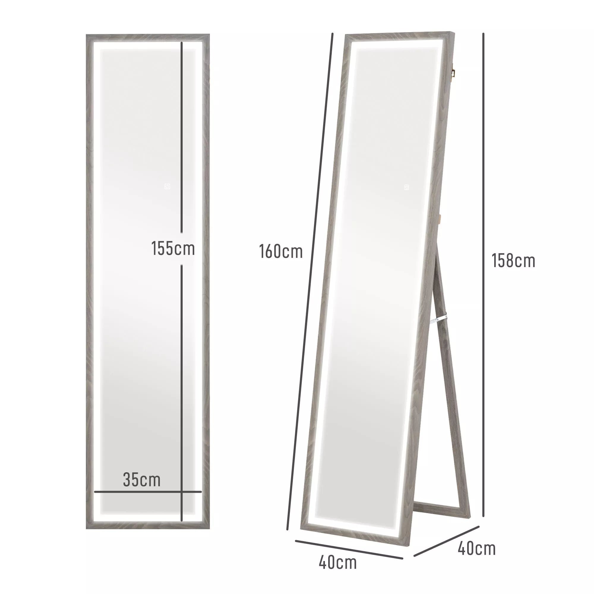 Grindinis veidrodis su LED apšvietimu, 40 x 160 cm, pilkas