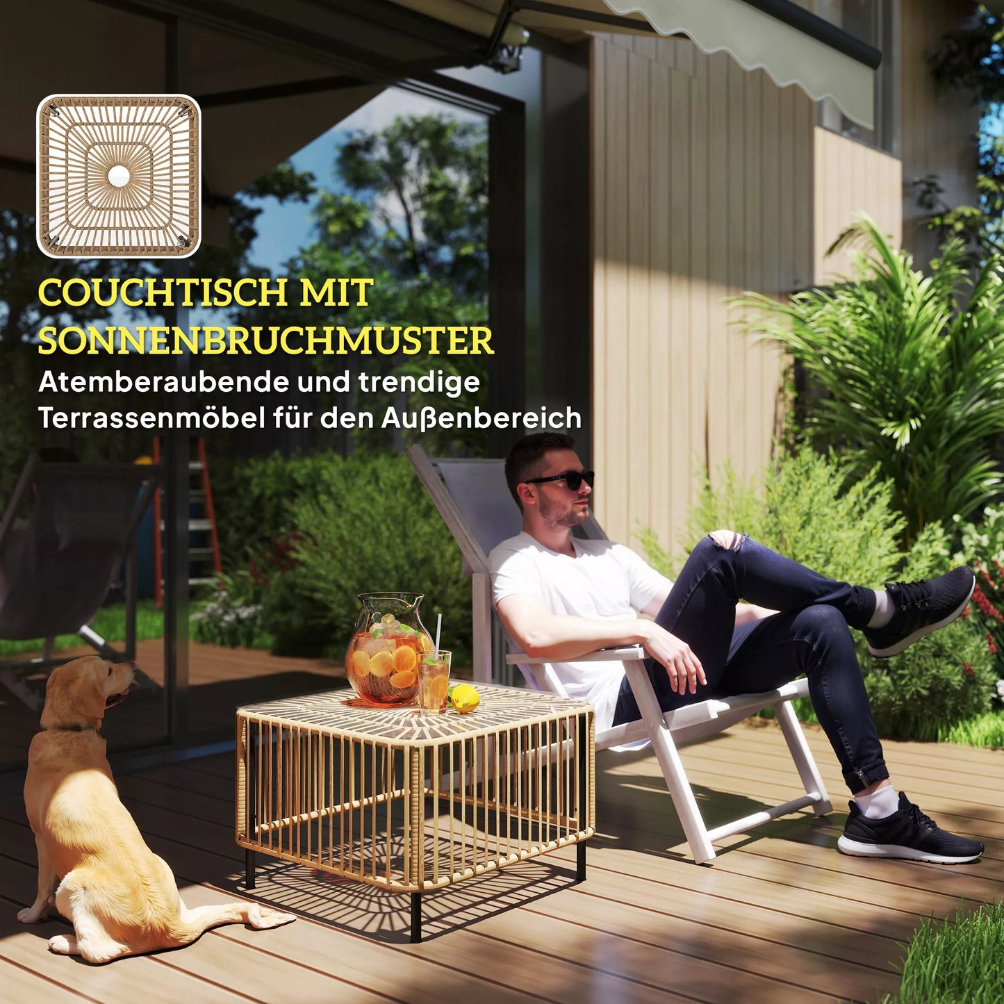 Polirataninis lauko staliukas, 65 x 65 x 43 cm, atsparus oro sąlygoms, kvadratinis pagalbinis staliukas su stikliniu stalviršiu, natūralios medienos imitacija