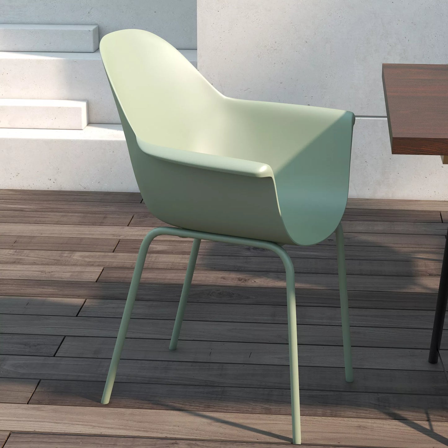 Sodo kėdžių rinkinys (4 vnt.), su atlošu/porankiais, atsparus atmosferos poveikiui, iki 120 kg, plastikas/metalas, žalias