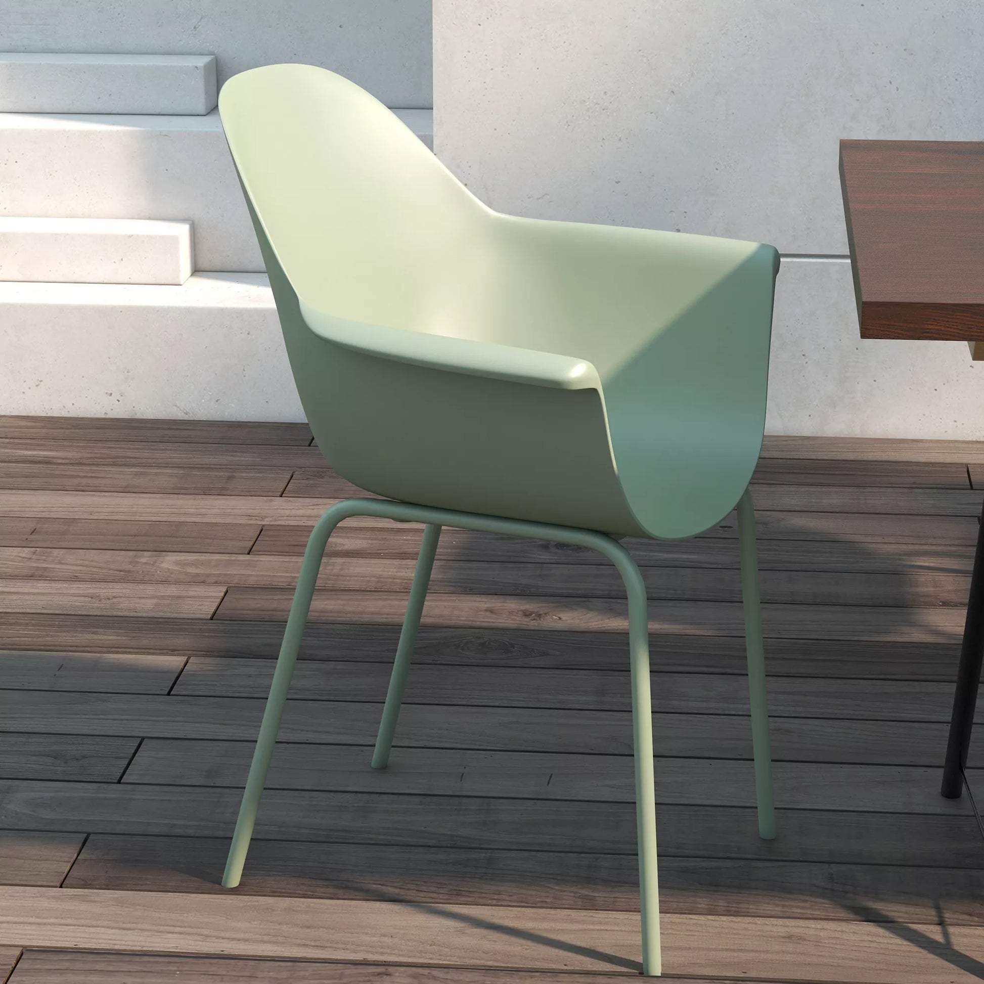 Sodo kėdžių rinkinys (4 vnt.), su atlošu/porankiais, atsparus atmosferos poveikiui, iki 120 kg, plastikas/metalas, žalias