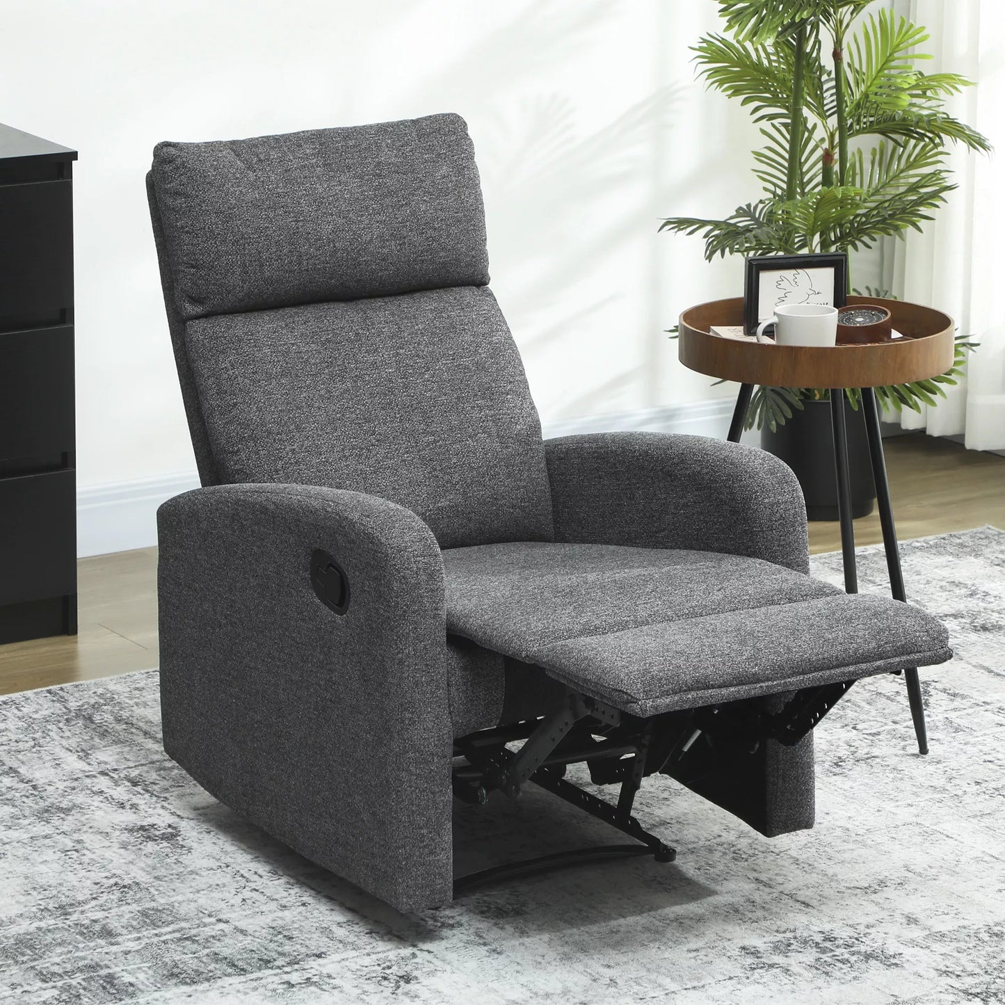 Poilsio krėslas, reguliuojamas atlošiamas krėslas su pritaikoma kojų atrama, modernus svetainės krėslas su audinio apmušalu, pilkas