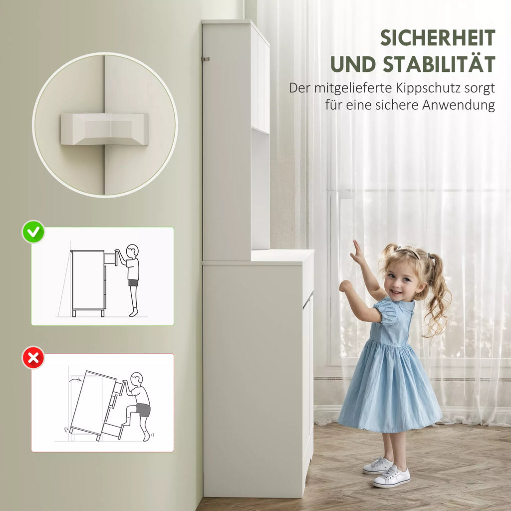 Infografika su spintelės apvirtimo apsaugos montavimo schema, tinkamas su vaiku fone