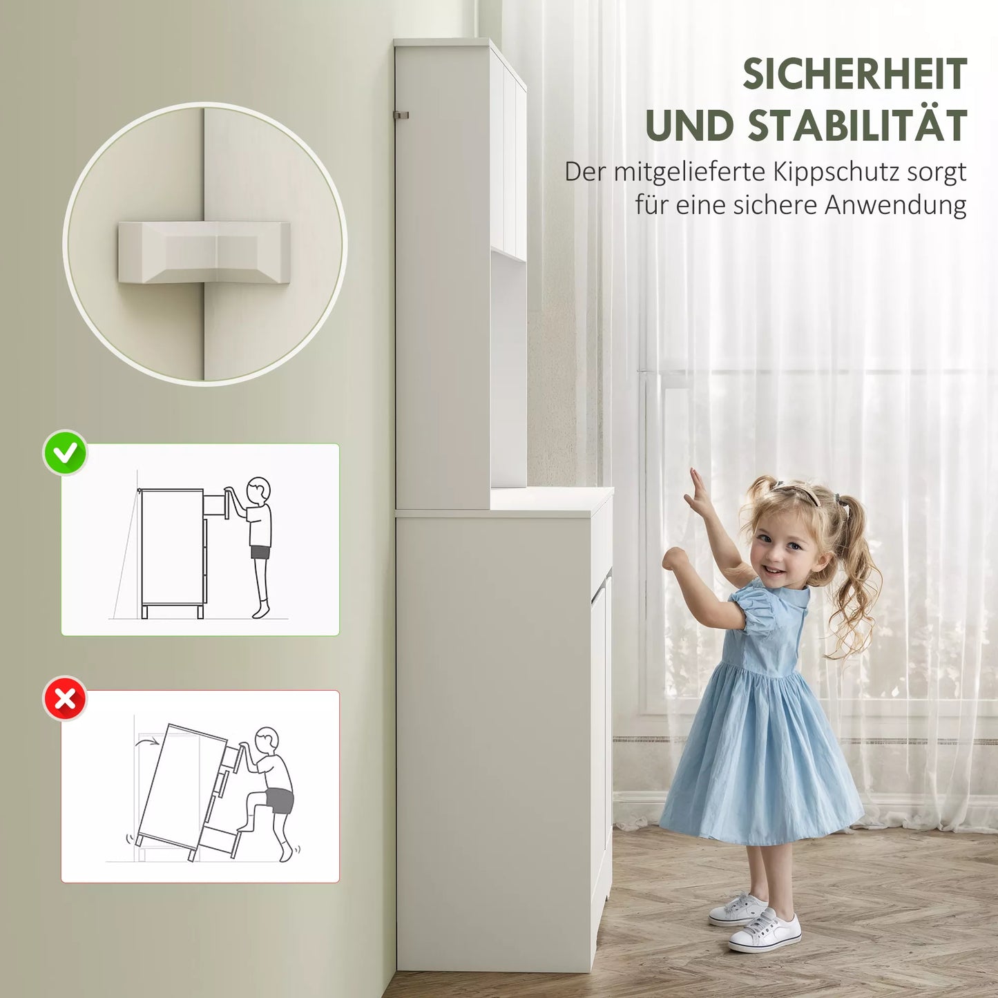 Virtuvinė spintelė su atvira darbo zona, 6 durelėmis, 2 stalčiais, reguliuojamomis lentynomis, kabelių angomis, medžio drožlių plokštė, balta.