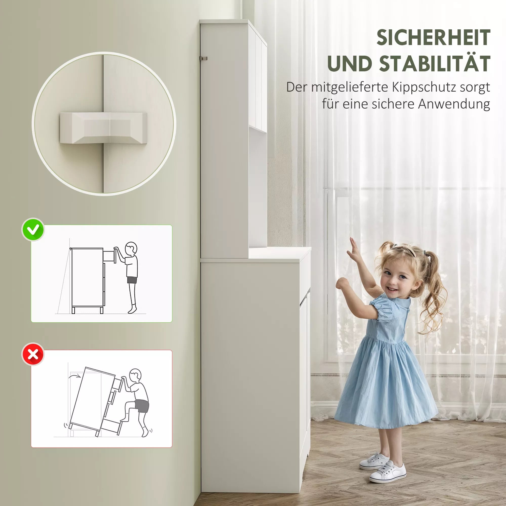 Infografika su spintelės apvirtimo apsaugos montavimo schema, tinkamas su vaiku fone