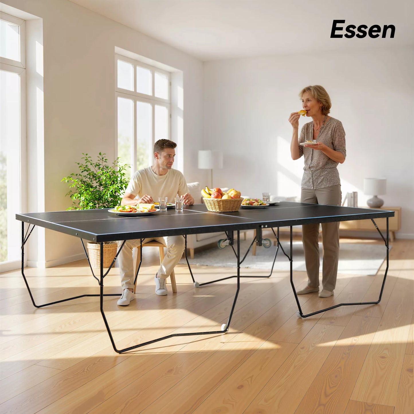 Sulankstomas stalo teniso stalas, su 8 ratais, milteliniu būdu dengtas plieninis rėmas, MDF, 274 x 152,5 x 76 cm, juodas