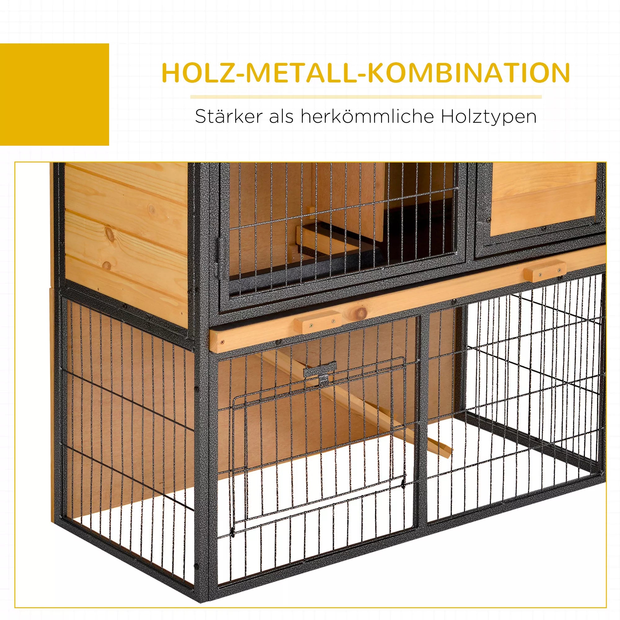 Mažų gyvūnų narvas, pakeltas naminių gyvūnų namelis, narvas su užrakinamomis durimis, medžio ir metalo, šviesiai geltonos spalvos, 89,5 x 45 x 81 cm
