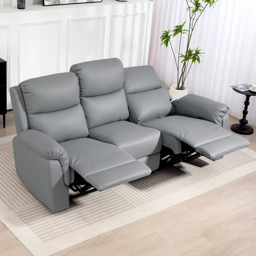 3 vietų sofa, kairė ir dešinė sėdynės atlenkiamos, reguliuojama atrama kojoms, dirbtinės odos apmušalas, skirta svetainei, tamsiai pilka