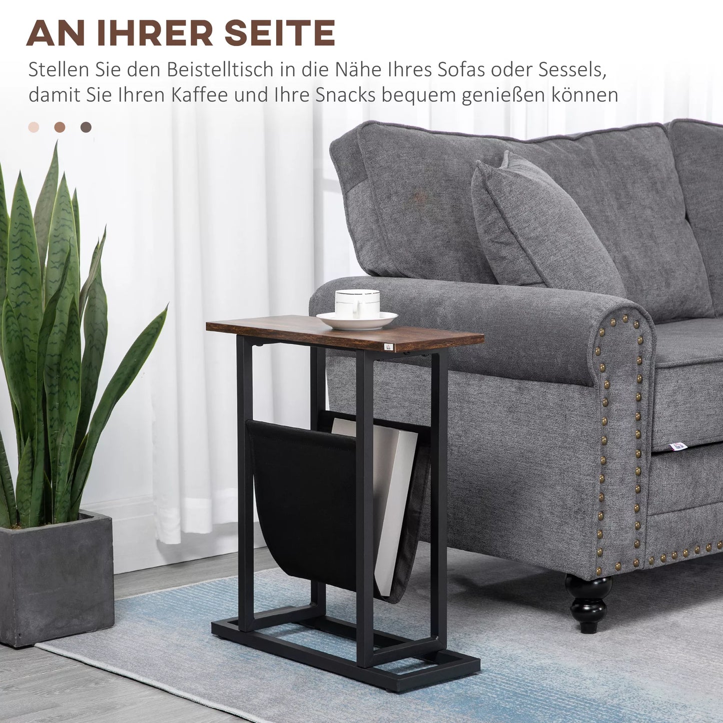 Naktinis staliukas, pagalbinis staliukas, siauras dizainas, su audinio kišene, plienas, tamsiai rudas+juodas, 49 x 19 x 55cm