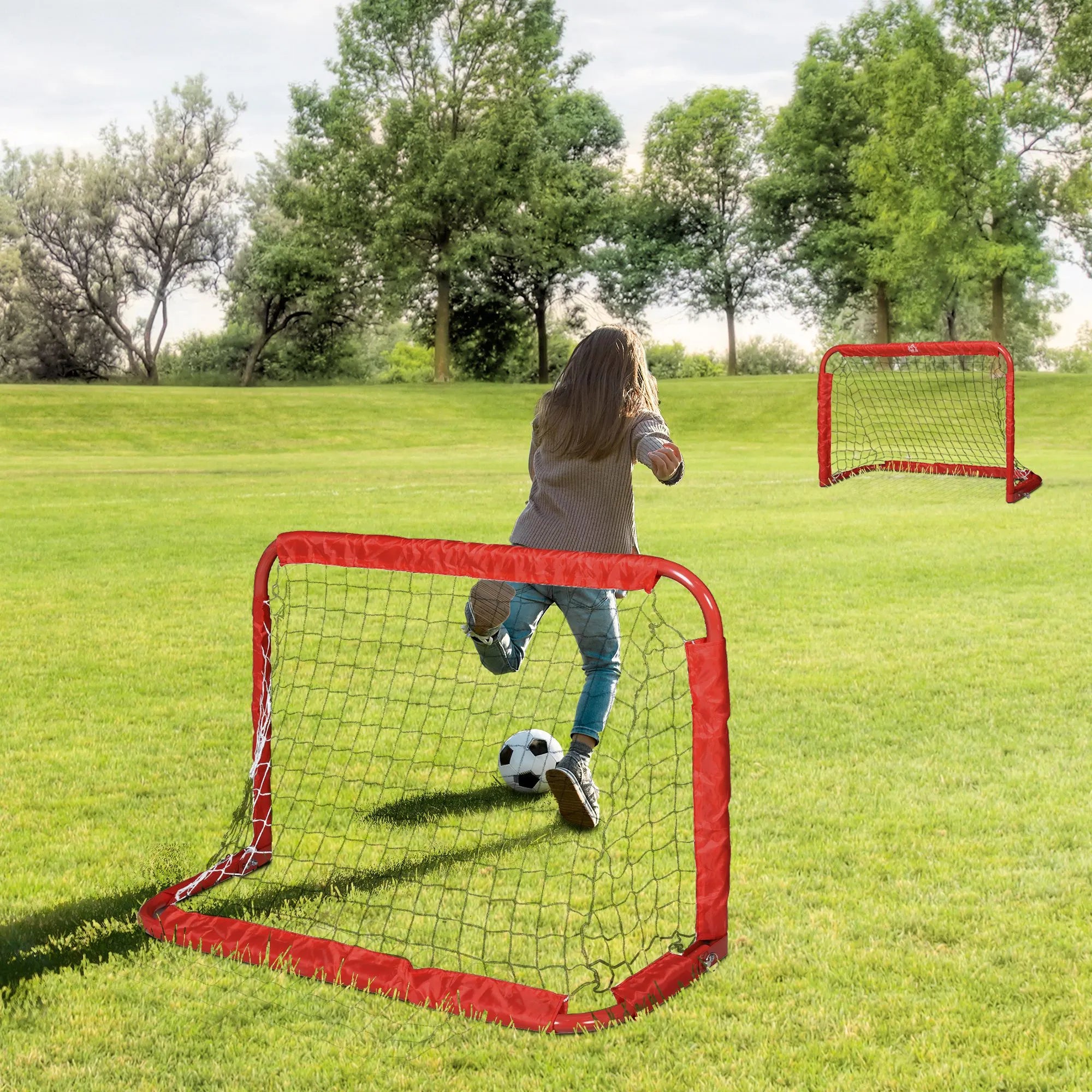 Futbolo vartų rinkinys, 2 sulankstomi mini vartai, metalinis rėmas, įskaitant įrankius, 90 x 36 x 60 cm, raudoni