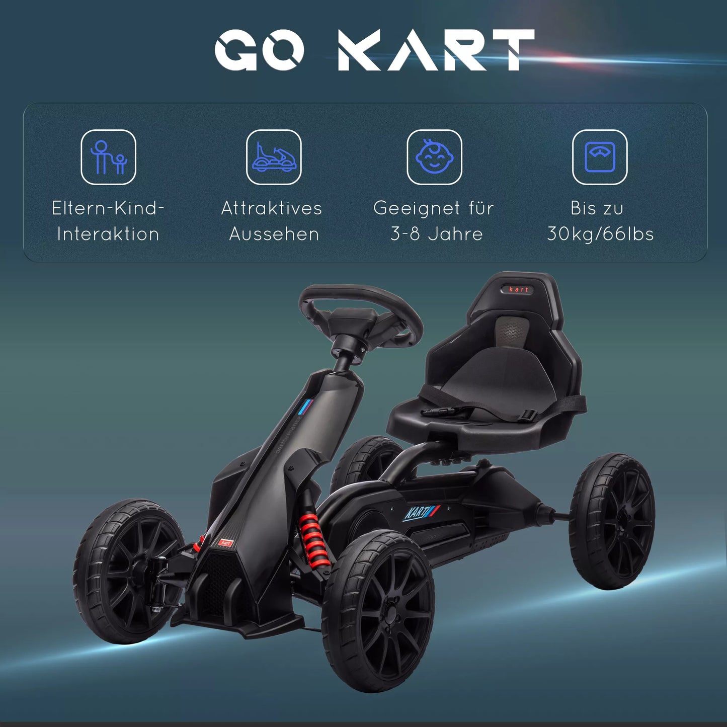 Go-Kart, vaikų transporto priemonė su reguliuojama sėdyne, pedalinė transporto priemonė, pedalinis automobilis su rankiniu stabdžiu, 3–8 metai, lauko, juoda