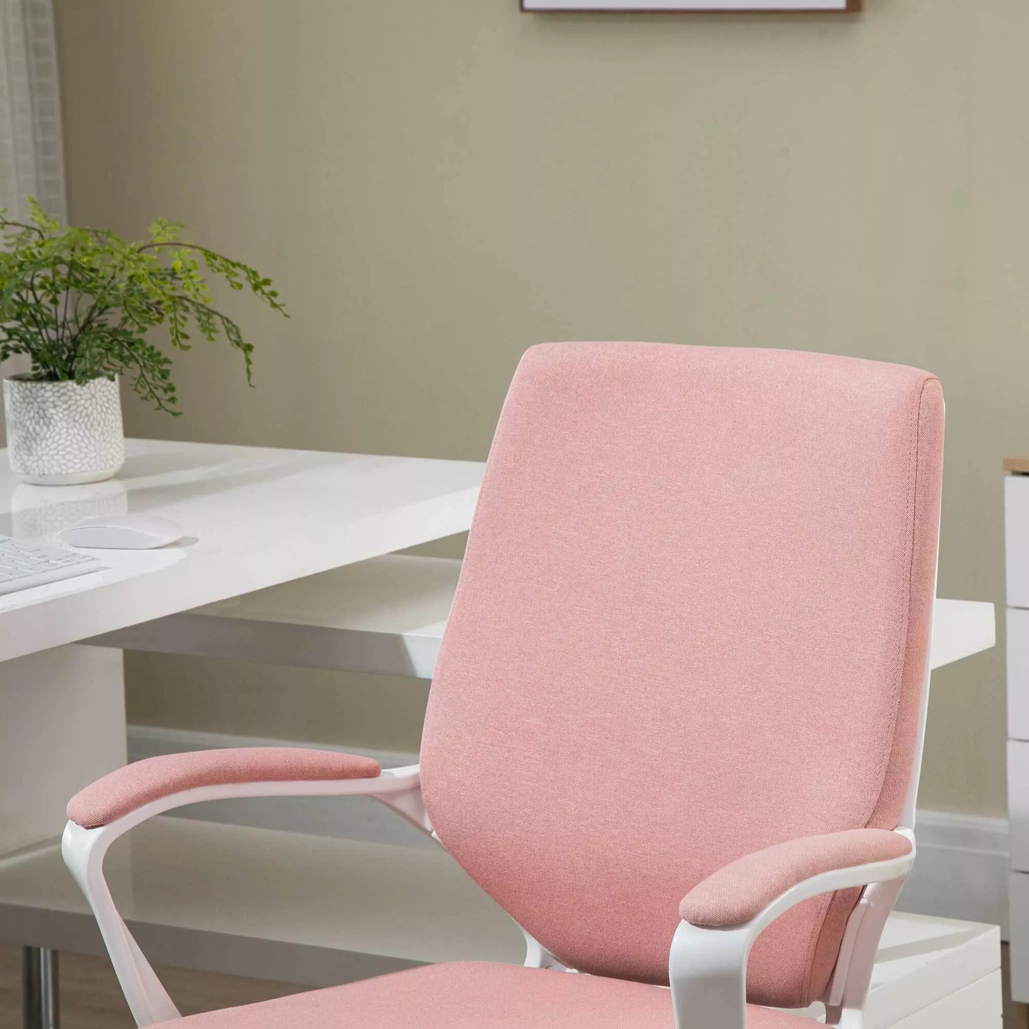 Biuro kėdė, darbo kėdė, namų biuro kėdė su supimo funkcija, reguliuojamo aukščio atlošas, storai paminkštinta, ergonomiška, 360° besisukantys ratukai, poliesteris, nailonas, PP, rožinė+balta, 62x69x92-100 cm