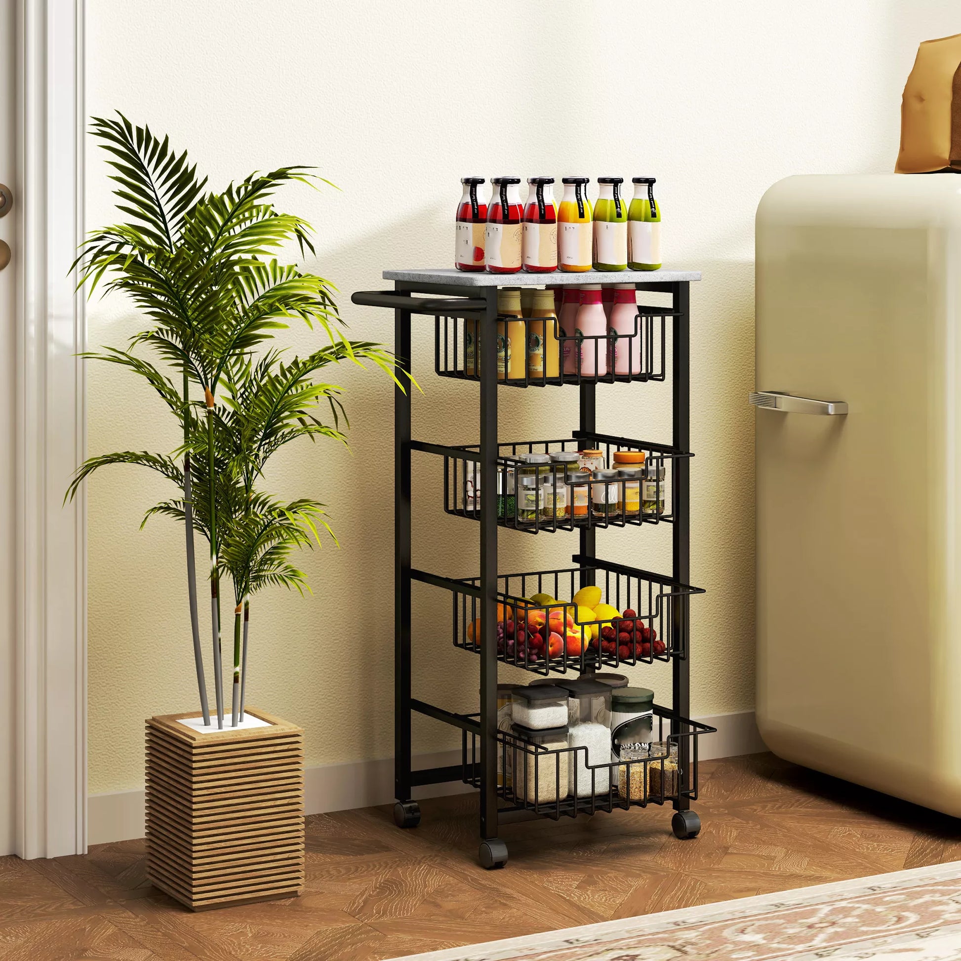 4 pakopų virtuvės vežimėliai su ratukais, riedamasis padavimo vežimėlis, virtuvės vežimėlis su 4 plieniniais krepšeliais, padavimo vežimėlis