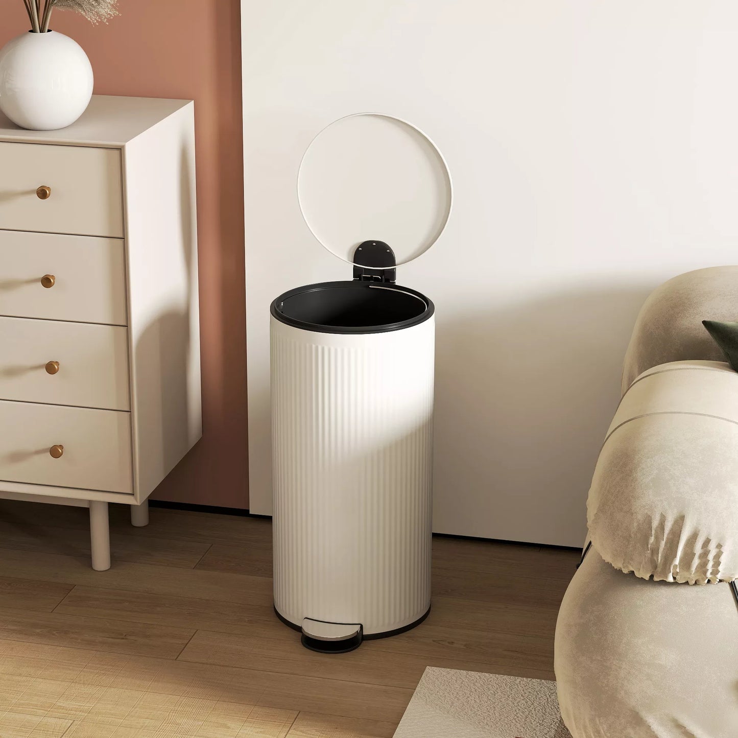 30 L matinė šiukšliadėžė su „Softclose“ dangčiu ir pedalu, vidinis kibiras metalinis, juoda, 36 x 30 x 60,5 cm