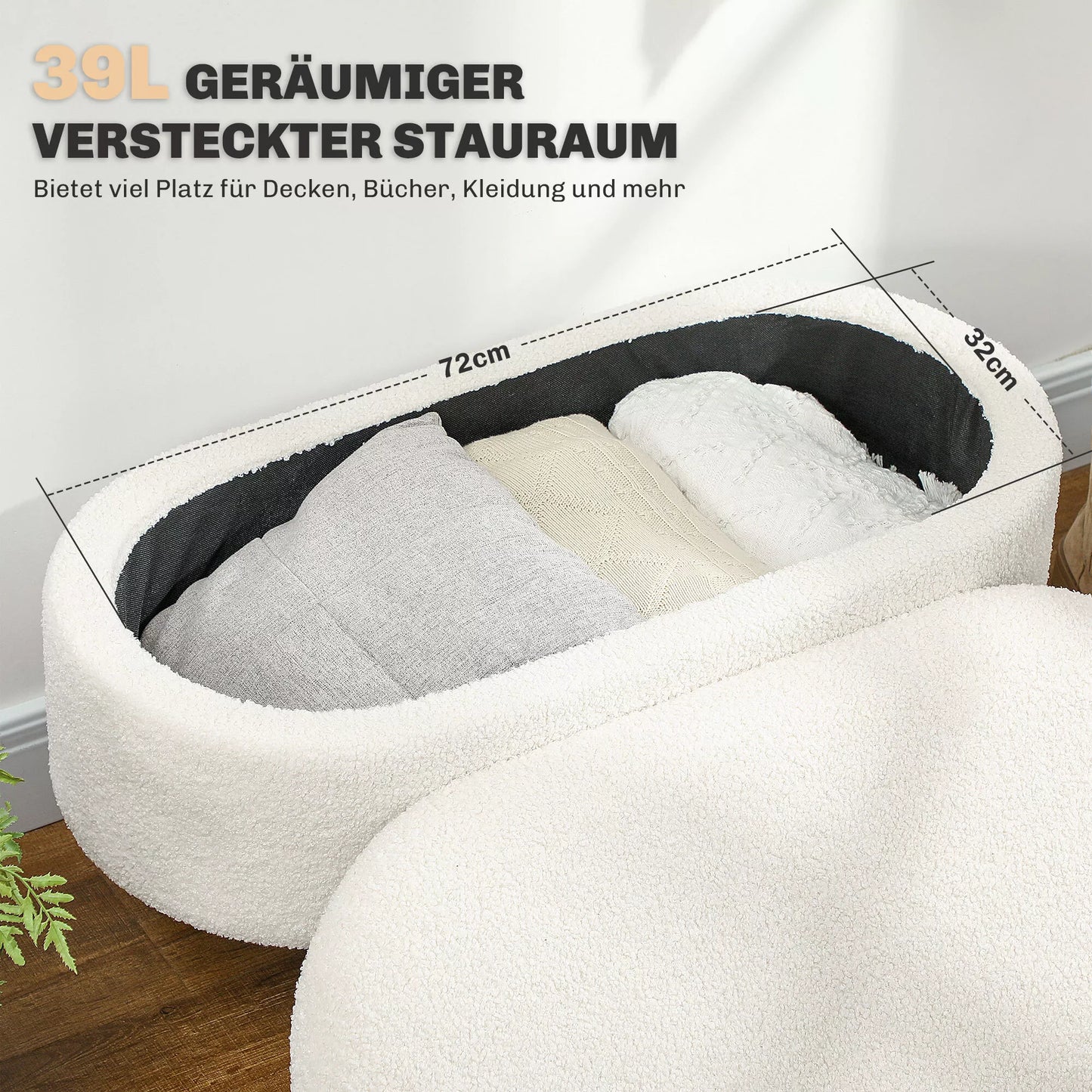 Suolas su daiktadėže ir dangčiu, pufas prieškambariui, svetainei, miegamajam, medžio, audinio apmušalas, baltas