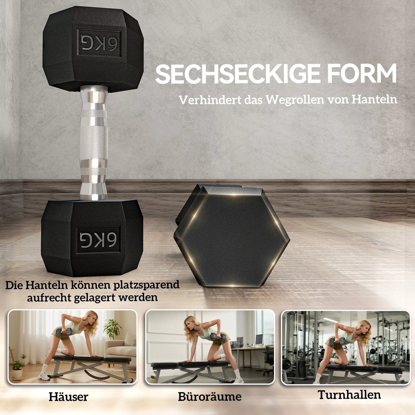 HOMCOM Šešiakampės hantelių, 2 vnt. rinkinys su rifliuota rankena, ketaus hantelių rinkinys, 2 x 6 kg, hanteliai vyrams ir moterims, namams, sporto salei, jėgos treniruotėms