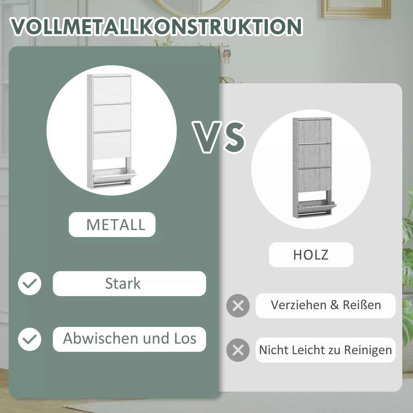 Siaura balta metalinė batų spintelė iki 8 porų batų, 4 atlenkiamos durelės, skirta prieškambariui, koridoriui