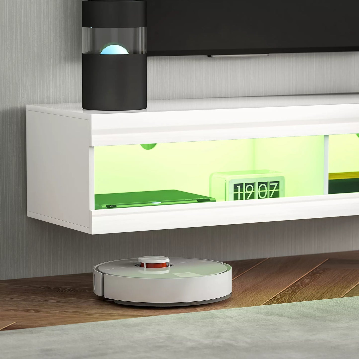 Pakabinama TV spintelė su RGB LED apšvietimu 16 spalvų, TV stovas su atvira daiktadėže, 55-60 colių televizoriams, skirta svetainei, miegamajam, 140 x 40 x 30 cm, blizgiai balta