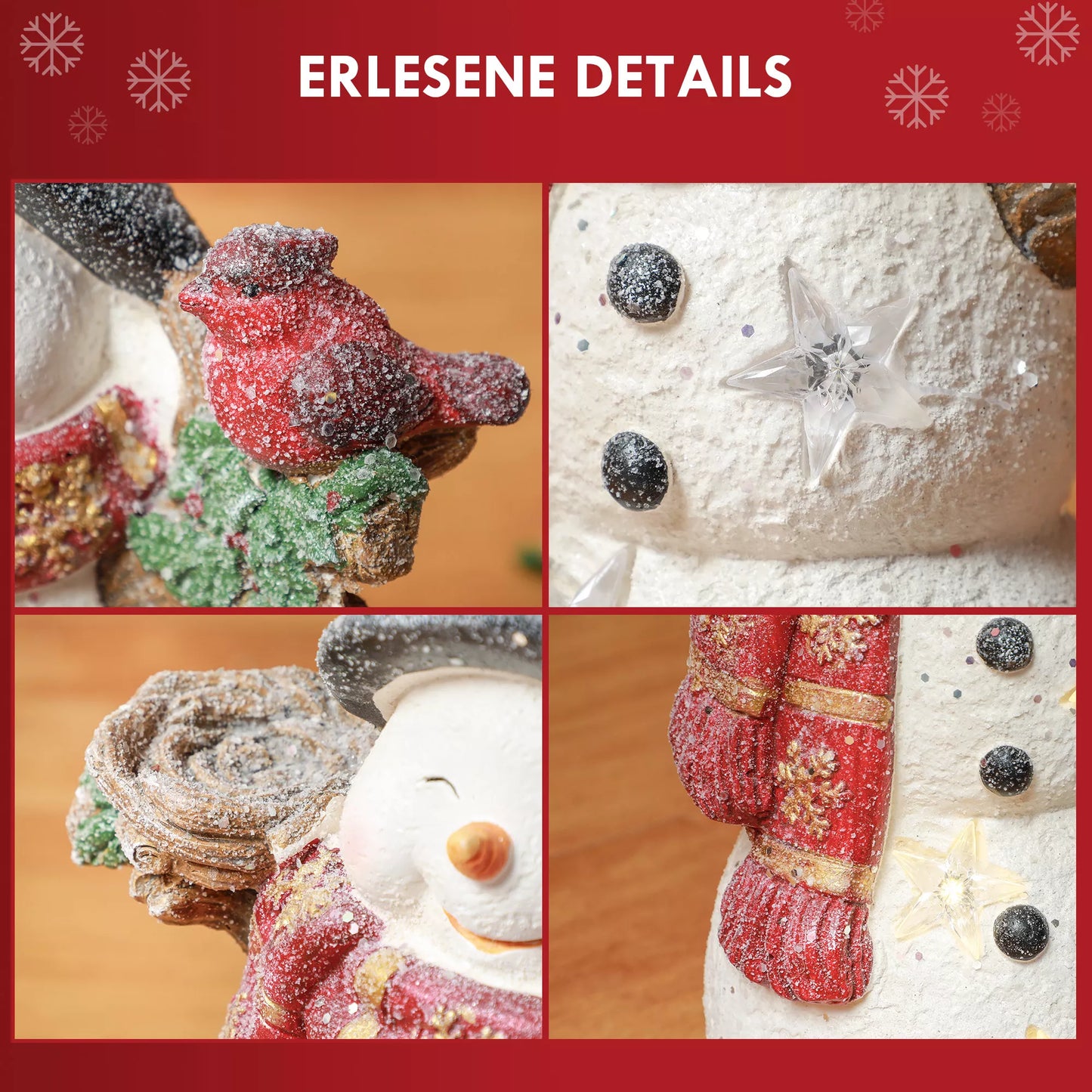 HOMCOM Kalėdinė dekoracija, Sniego senis su paukščiu, 4 šiltai baltos LED lemputės, veikiantis baterijomis, 25 x 15,5 x 38 cm