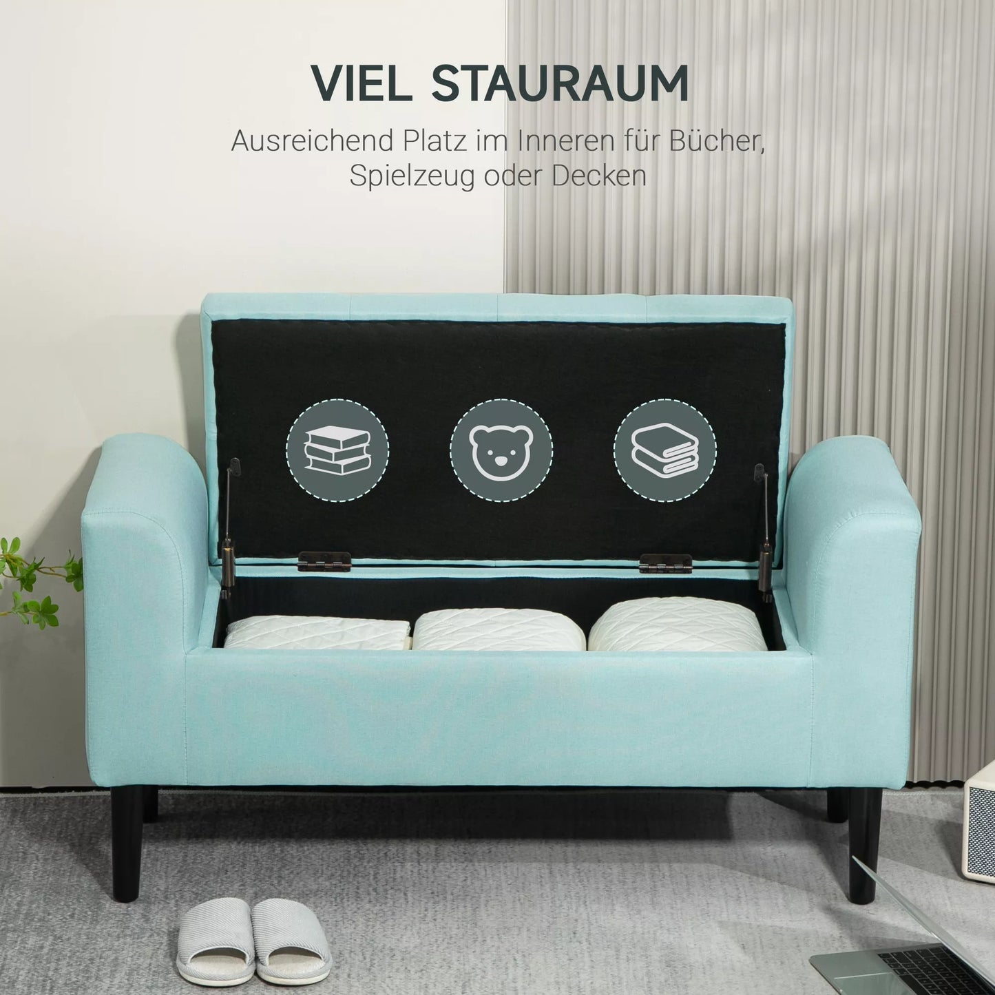 Suoliukas su daiktadėže, minkštas suoliukas, atlaiko iki 130 kg, lininio audinio išvaizda, kaučiukmedžio mediena, 116 x 44 x 58 cm, žalias